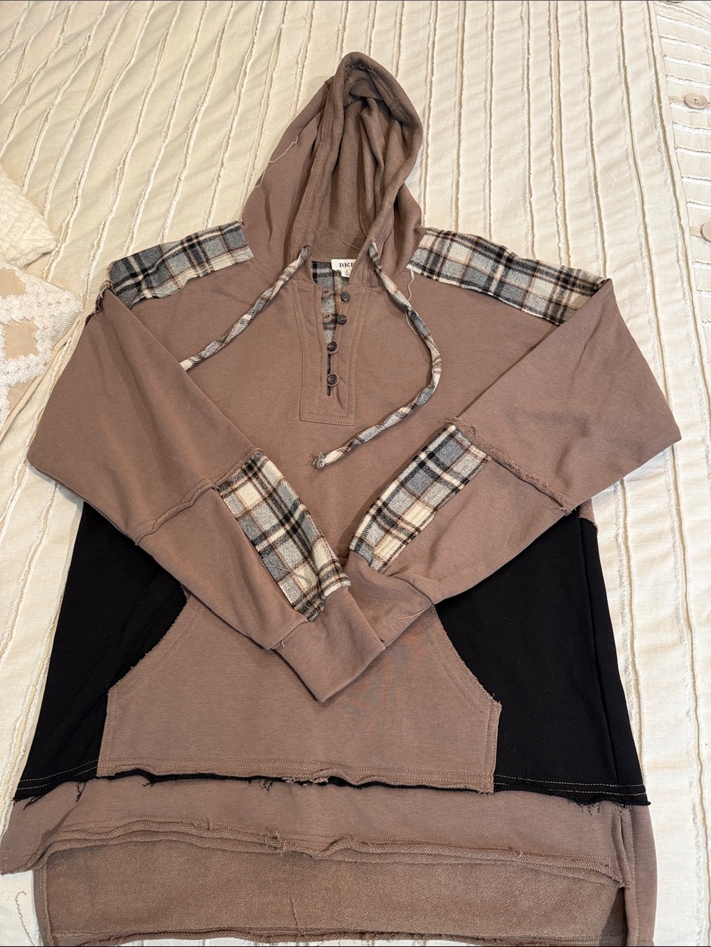 Women’s BKE Hooded Pullover Sweater in Brown with Plaid Accents